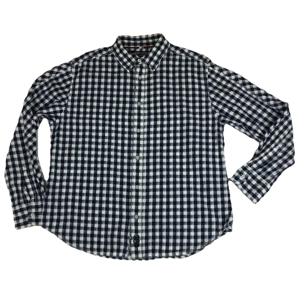 Canterbury of New Zealand Mens 2XL Gingham Check Button Up Shirt Navy White